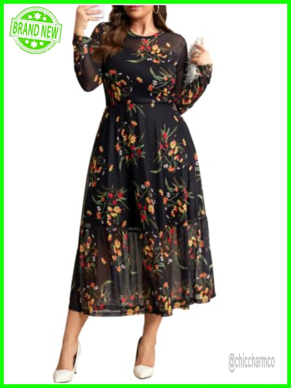 Plus Size Floral Mesh A-Line Maxi Dress Long Sleeve Wedding Guest Party